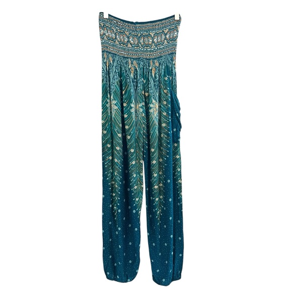 Yoga Lounge Festival High Waisted Rayon Harem Pants Turquoise Peacock Print OS - Picture 6 of 7